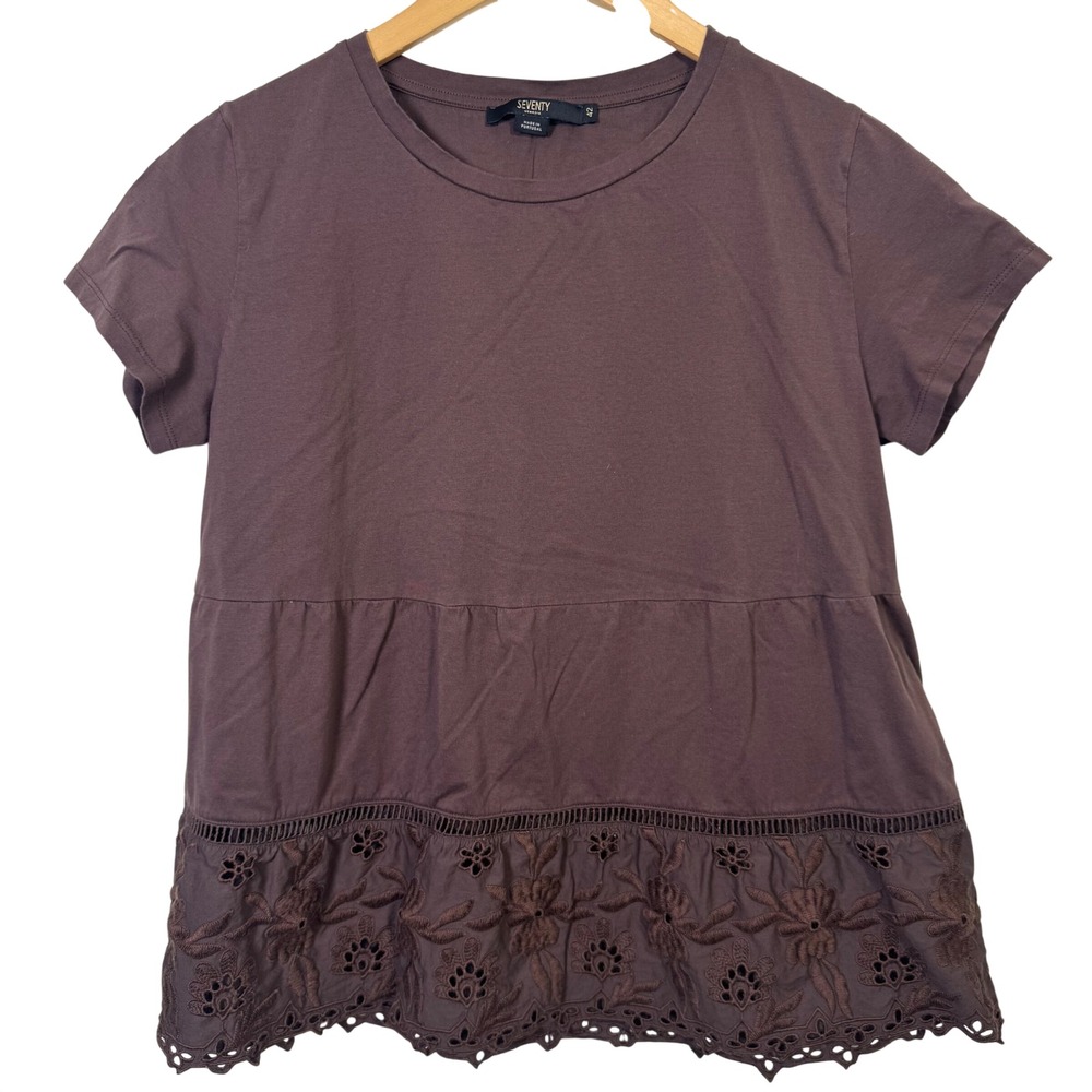 SEVENTY VENEZIA Womens Shirt 42‎ Large Chocolate Brown Eyelet Lace Peplum TShirt